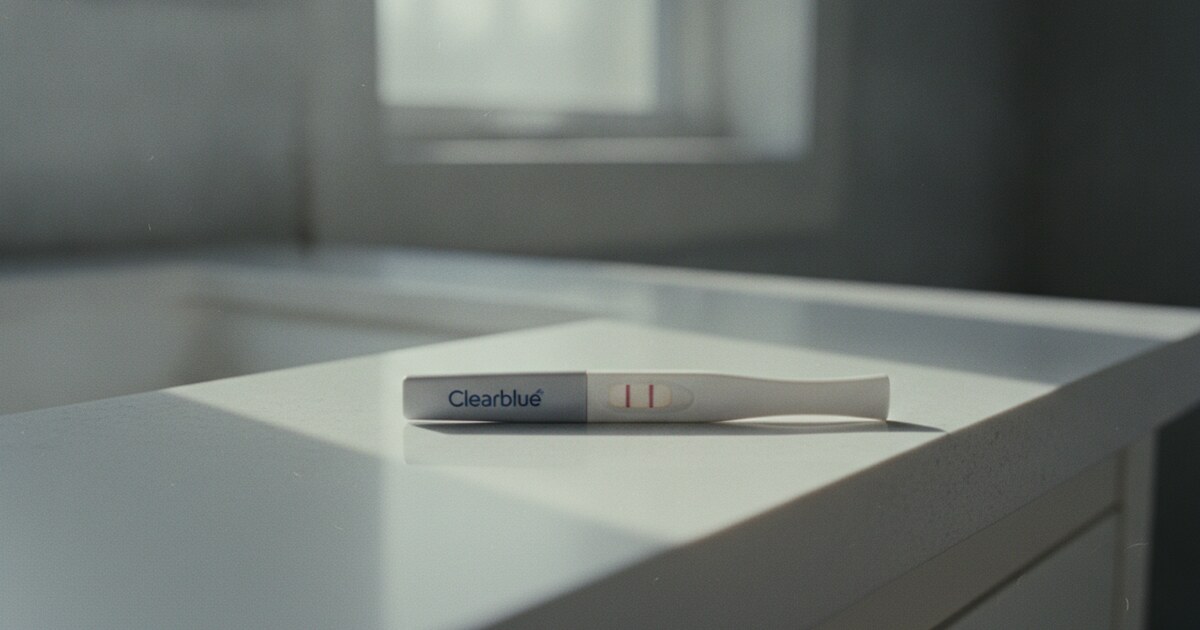 A Clearblue Early Detection pregnancy test stick lying flat on a white bathroom counter in soft natural morning light