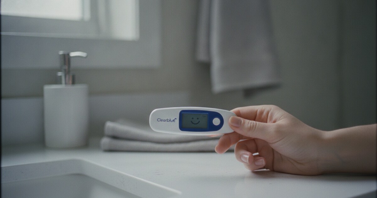 A Clearblue Advanced Digital Ovulation Test showing a static smiley face result on a white bathroom counter in natural light