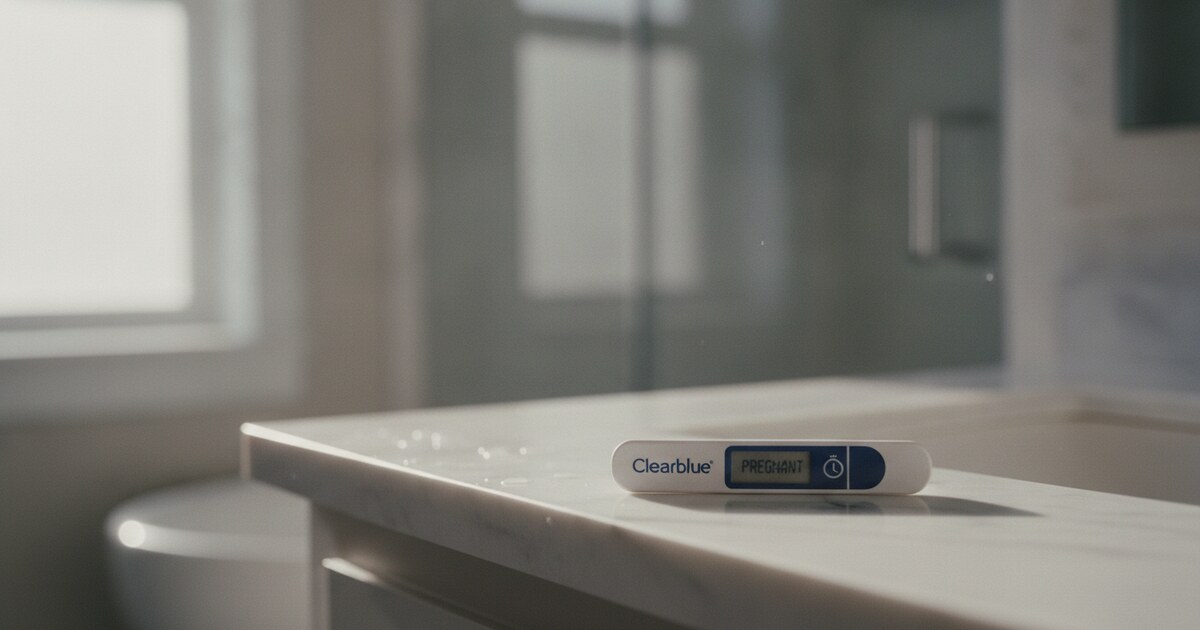 A Clearblue digital pregnancy test with Weeks Indicator displaying a result on a white bathroom counter in natural morning light