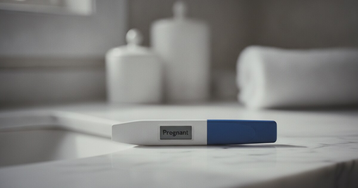 A digital pregnancy test showing Pregnant on the display, resting on a white bathroom countertop in soft morning light