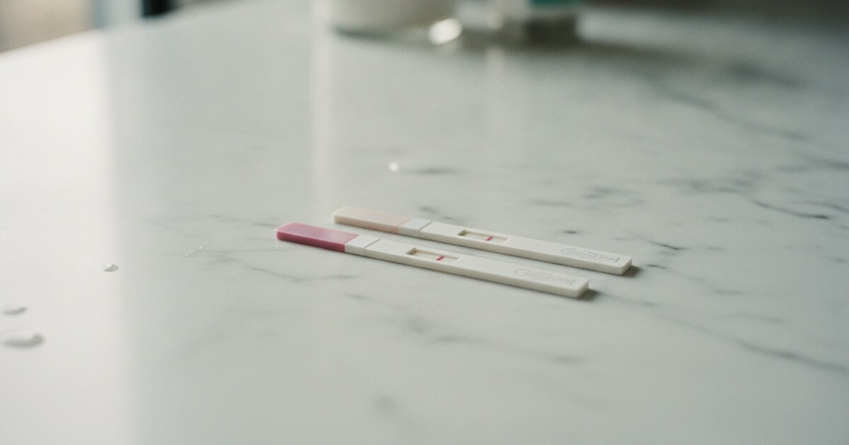 Two pregnancy test strips side by side: one with a faint pink second line (faint positive), one with a colorless gray indent (evaporation line)