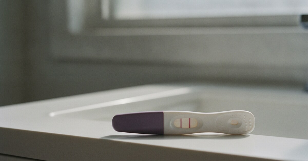 A First Response Early Result pregnancy test stick resting on a white bathroom counter in soft morning light