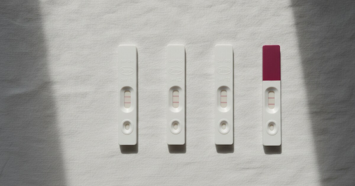 A line of home pregnancy test strips showing increasing line intensity from 8 to 14 DPO