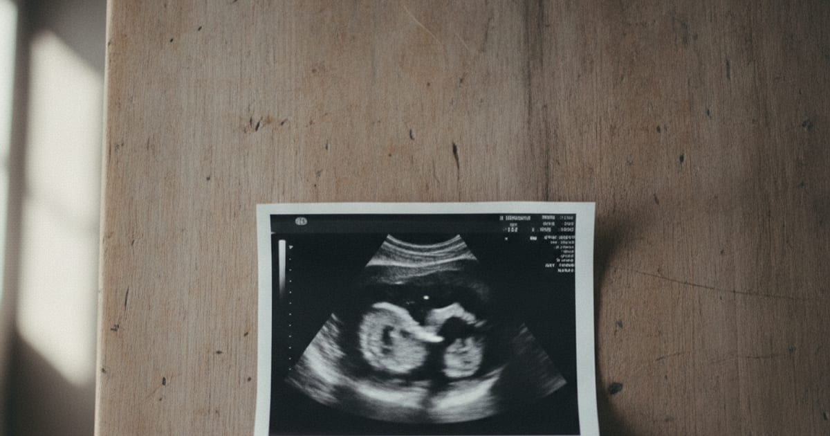 Two hands holding a black-and-white ultrasound printout over a wooden table in soft window light