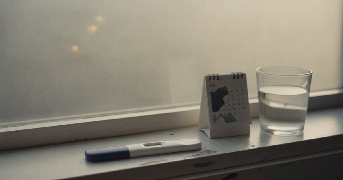 Close-up of a glass of water on a windowsill beside a pregnancy test and a small calendar, soft natural light